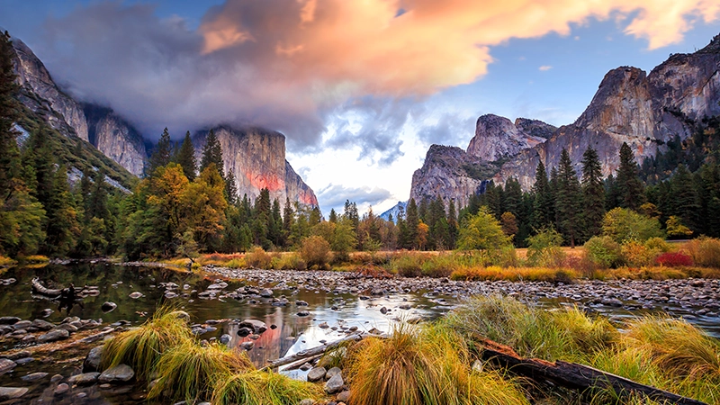 Yosemite national park at sunset in California
