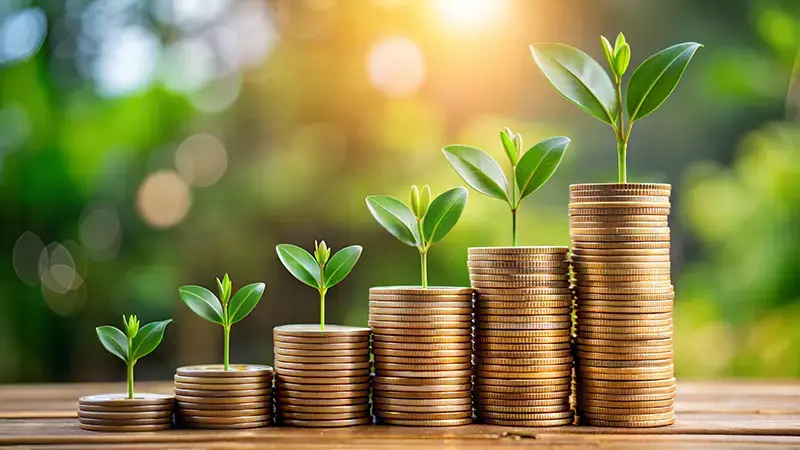 stacks of coins increasing in height with seedlings on top