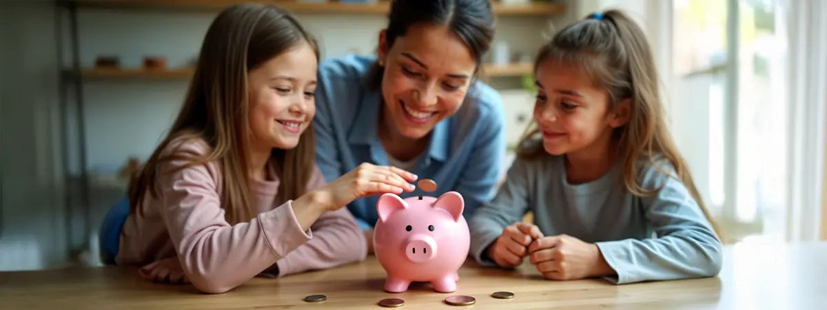 fpo-image woman and two young children putting coins into piggy bank