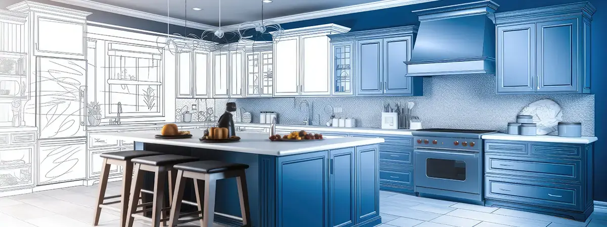 Kitchen blueprint drawing gradating into finished build.