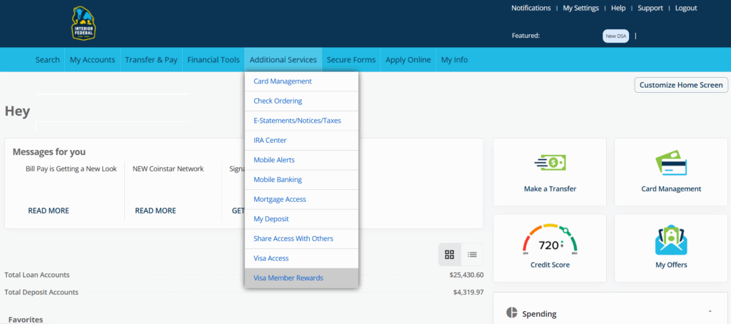 online banking select visa rewards