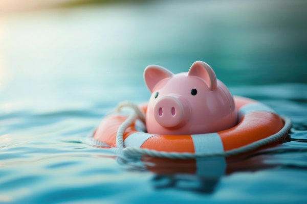 piggy bank in a life raft floating on water