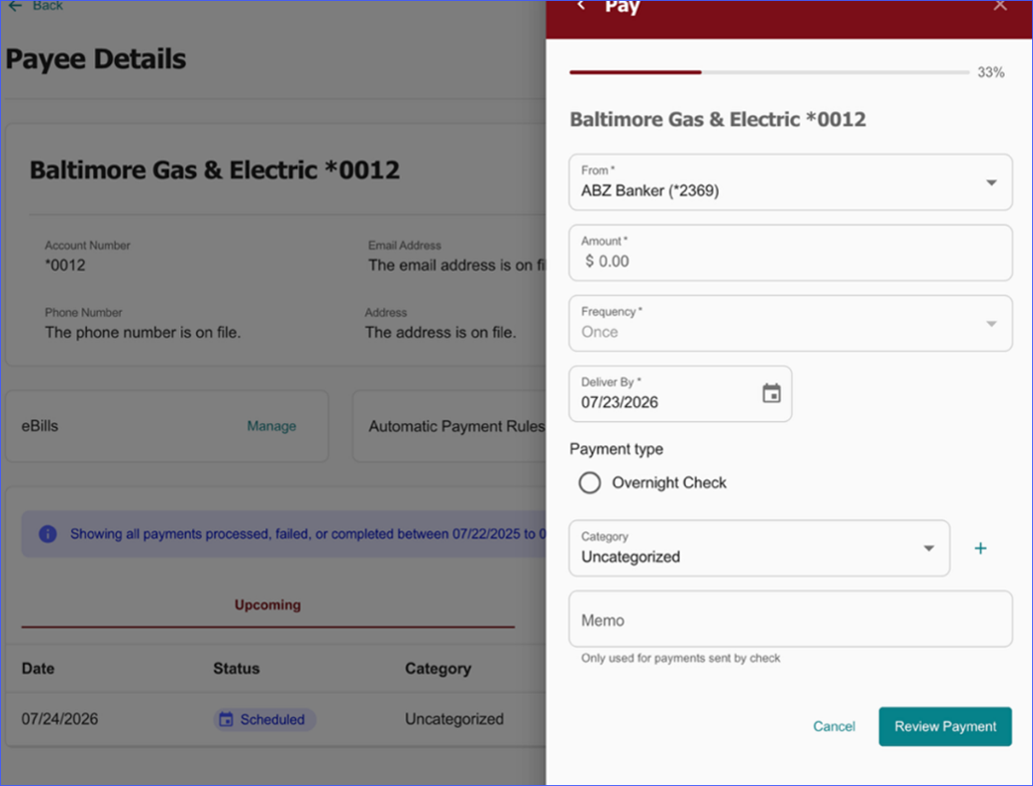 bill pay payee company screen