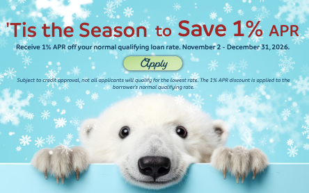 2026 Holiday Loan Special-4-enotice polar bear peaking over a blue wall. Tis the season to save 1% APR. Holiday Loan Special.